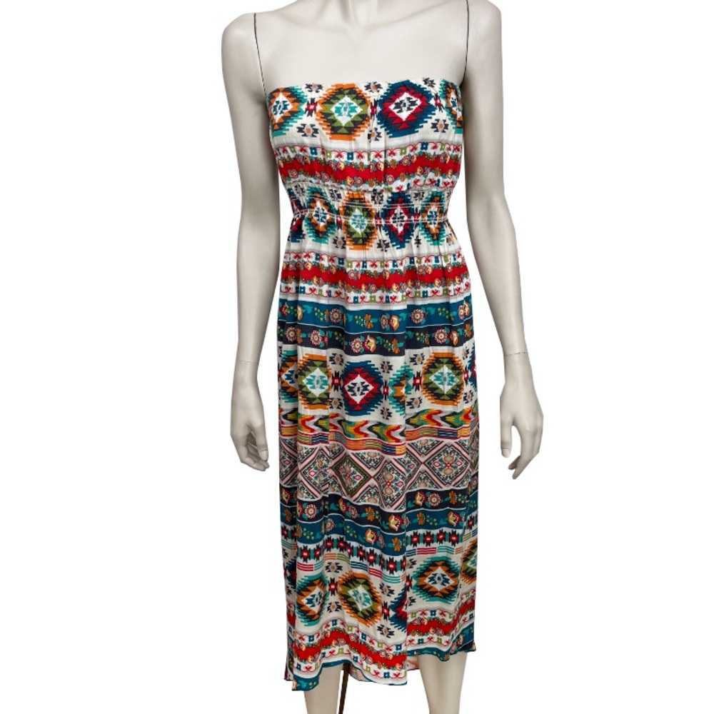 Chocolate Bohemian Print Midi Length Strapless‎ Dress